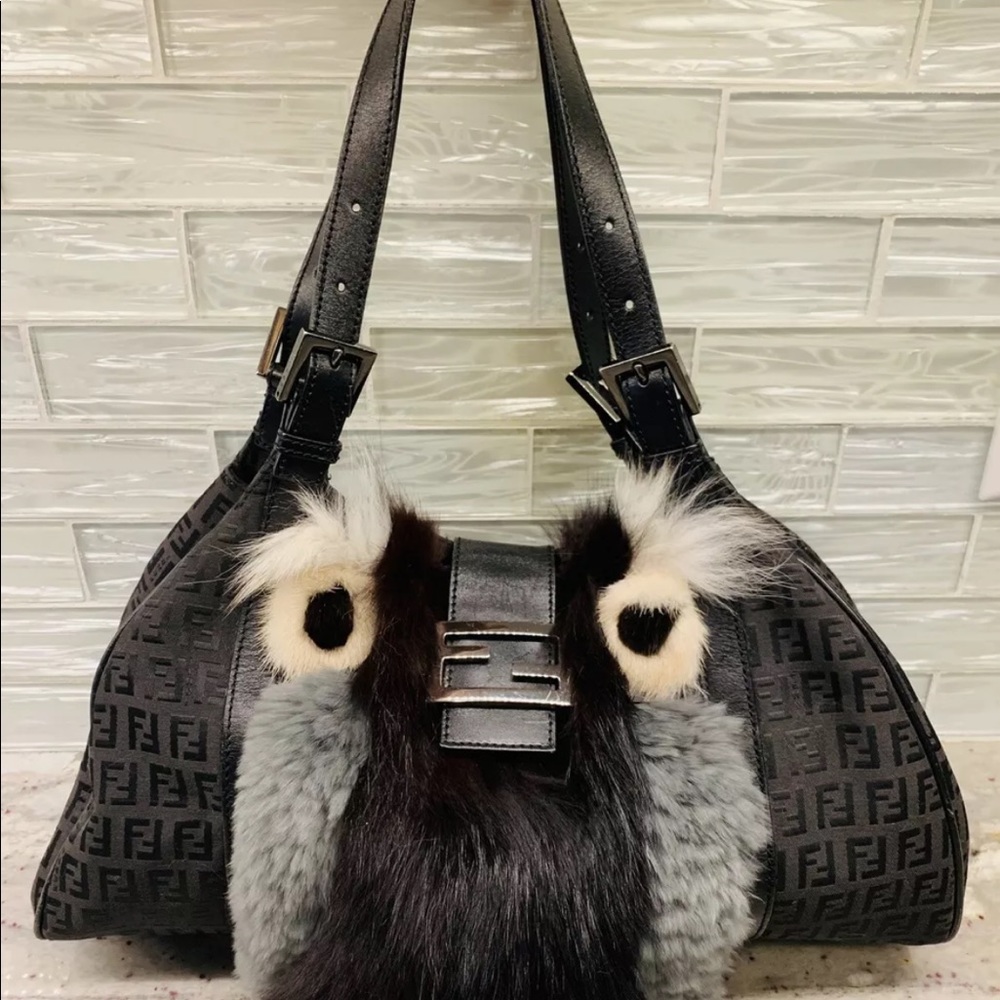 FENDI monster owl black hobo handbag genuine fur